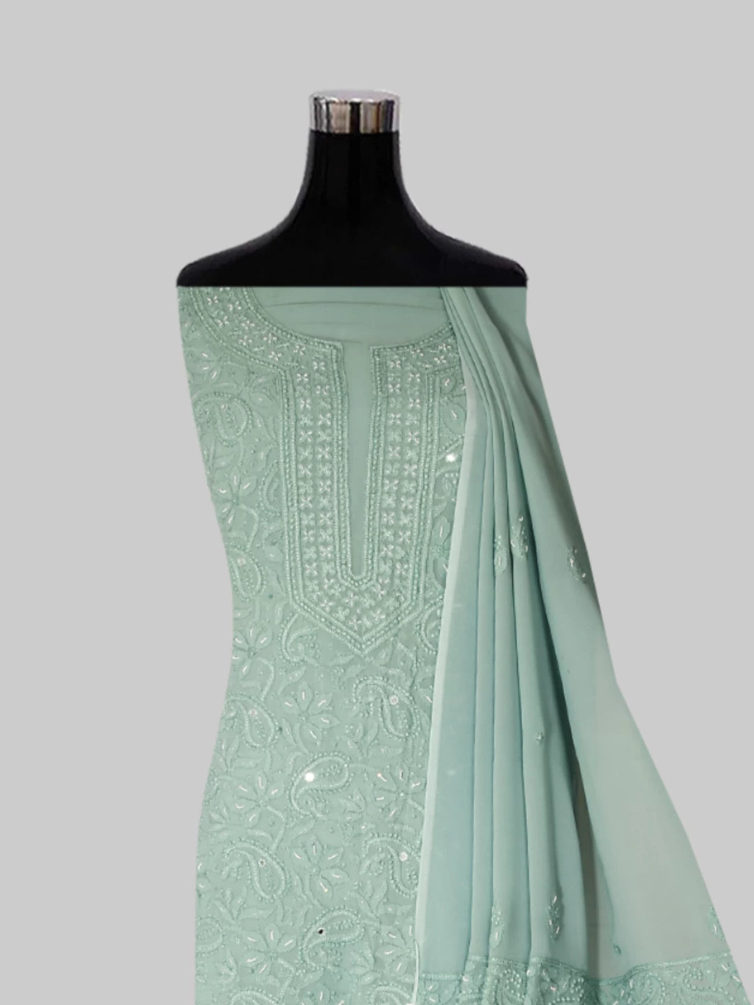 Ada Hand Embroidered Sea Sage Viscose Georgette Lucknowi Chikankari Unstitched Kurta Dupatta Set With Pearl Work 01A357961