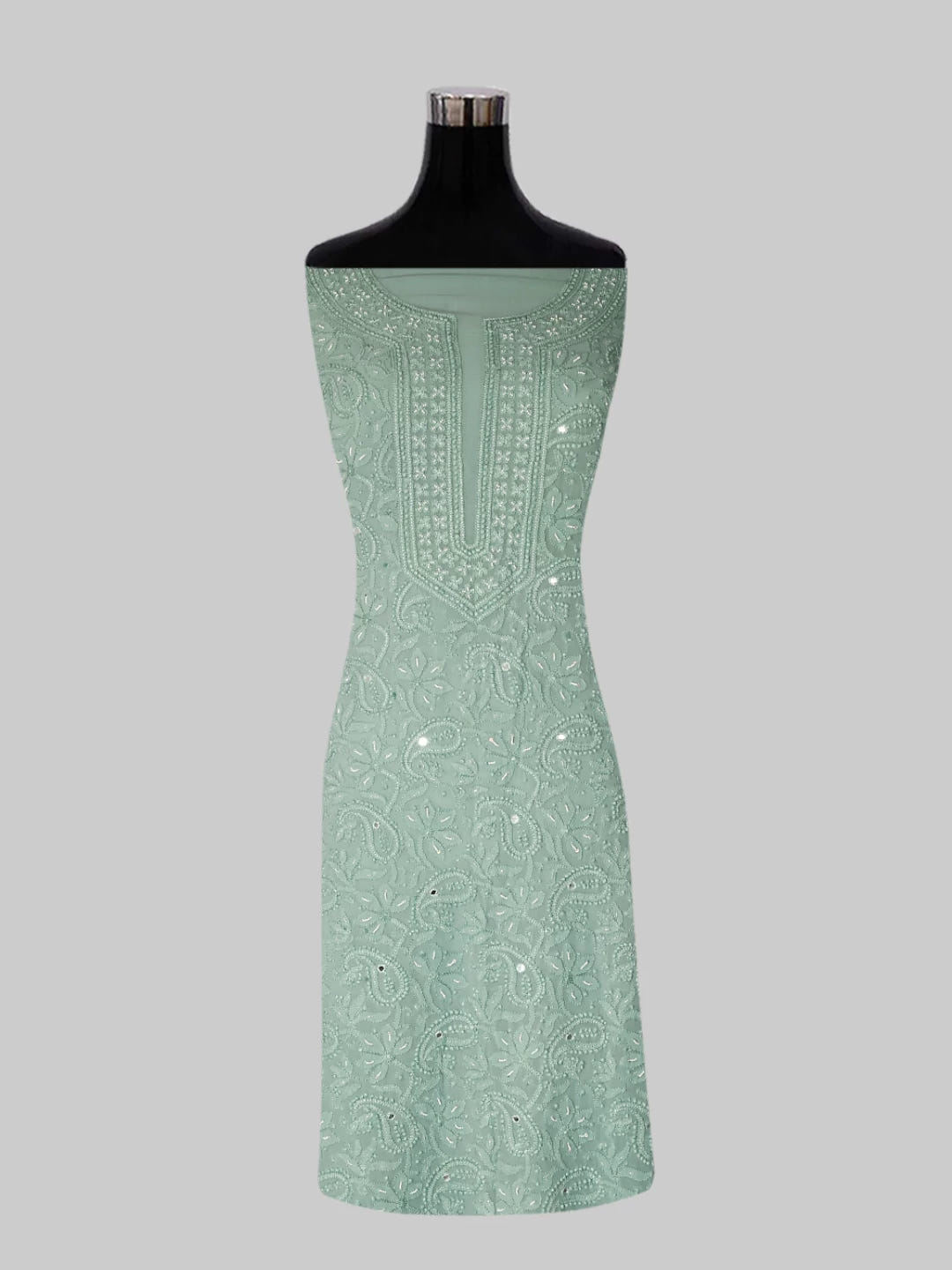 Ada Hand Embroidered Sea Sage Viscose Georgette Lucknowi Chikankari Unstitched Kurta Dupatta Set With Pearl Work 01A357961