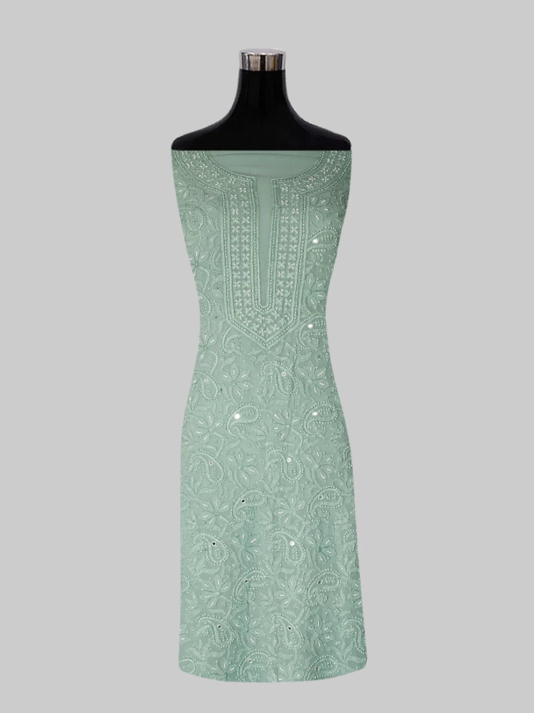 Ada Hand Embroidered Sea Sage Viscose Georgette Lucknowi Chikankari Unstitched Kurta Dupatta Set With Pearl Work 01A357961