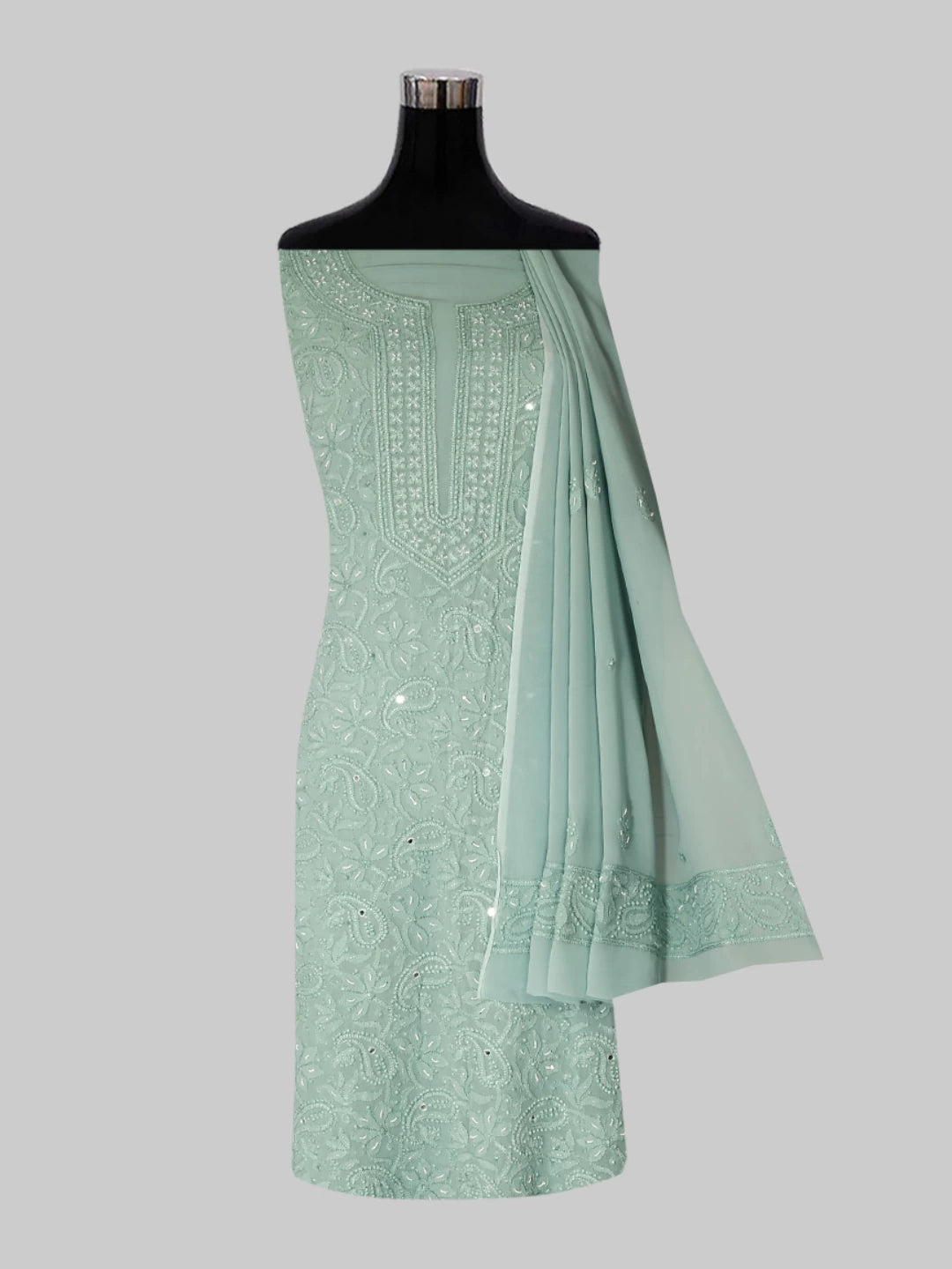 Ada Hand Embroidered Sea Sage Viscose Georgette Lucknowi Chikankari Unstitched Kurta Dupatta Set With Pearl Work 01A357961