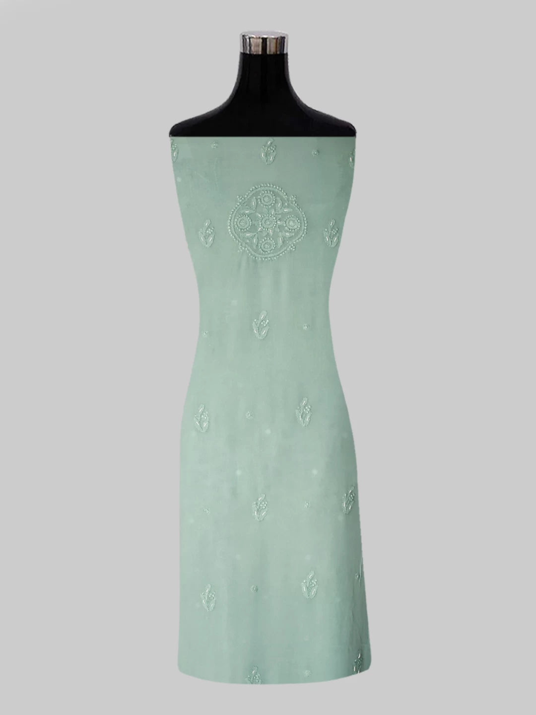 Ada Hand Embroidered Sea Sage Viscose Georgette Lucknowi Chikankari Unstitched Kurta Dupatta Set With Pearl Work 01A357961