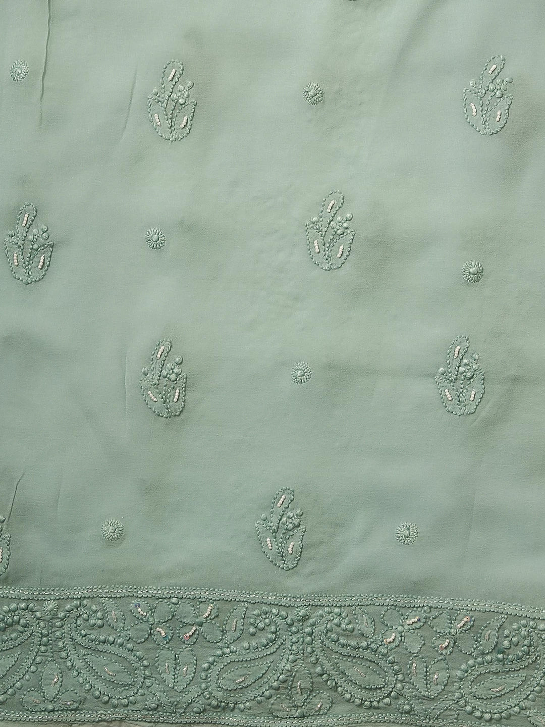 Ada Hand Embroidered Sea Sage Viscose Georgette Lucknowi Chikankari Unstitched Kurta Dupatta Set With Pearl Work 01A357961