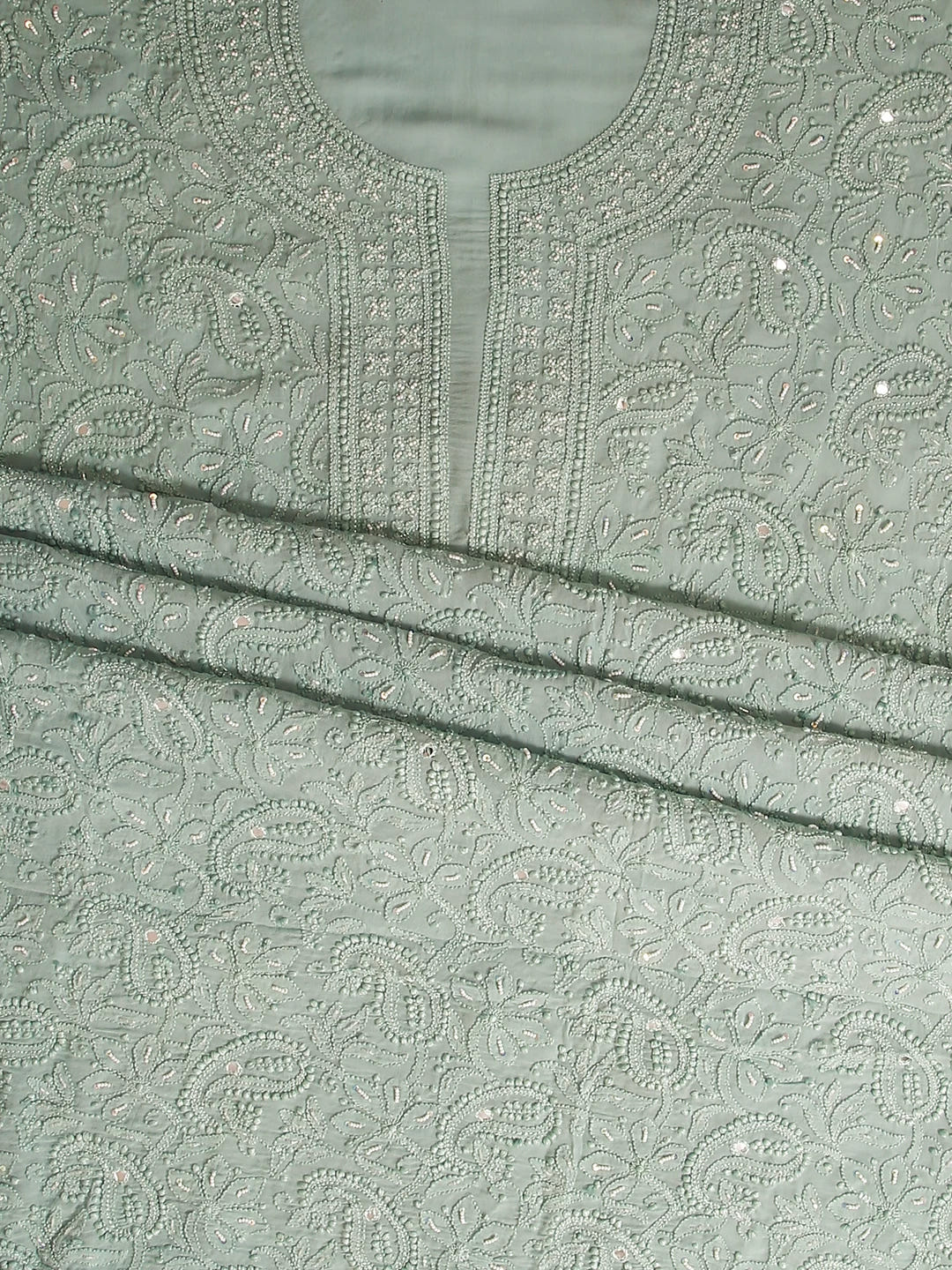 Ada Hand Embroidered Sea Sage Viscose Georgette Lucknowi Chikankari Unstitched Kurta Dupatta Set With Pearl Work 01A357961