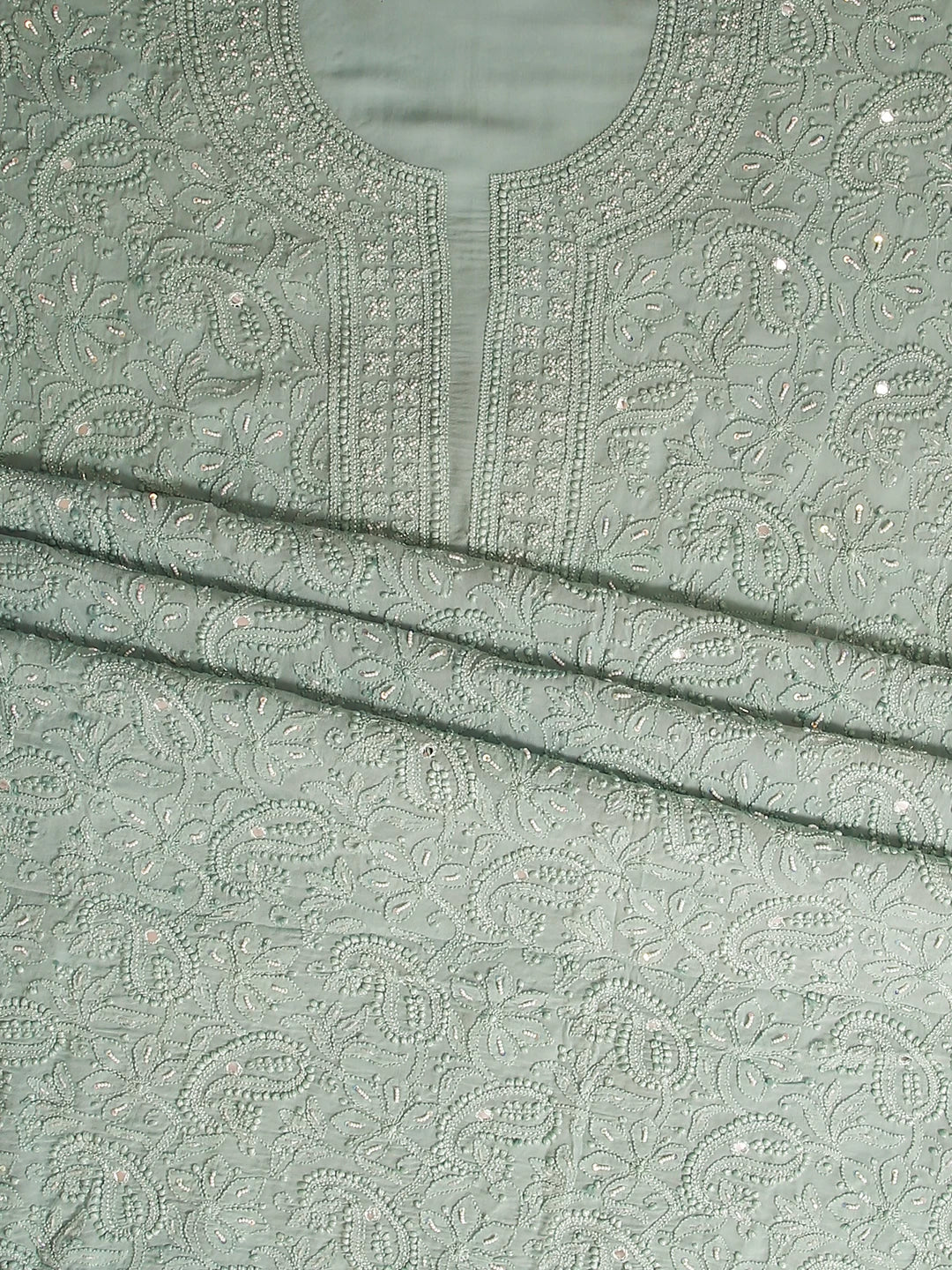 Ada Hand Embroidered Sea Sage Viscose Georgette Lucknowi Chikankari Unstitched Kurta Dupatta Set With Pearl Work 01A357961