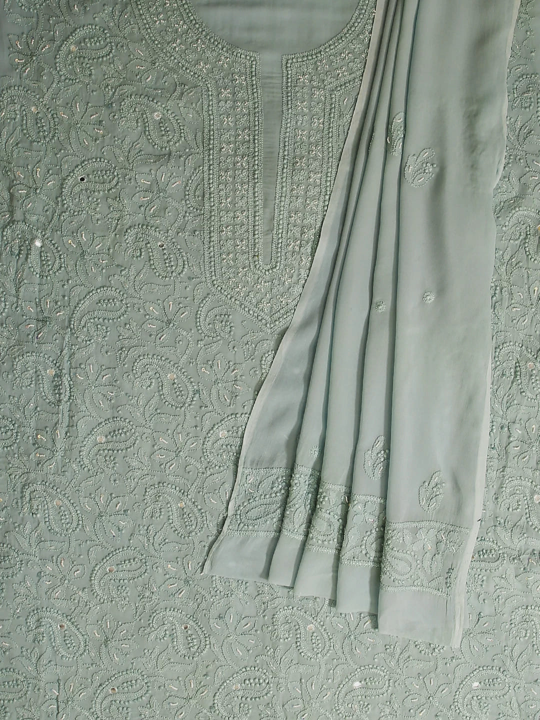 Ada Hand Embroidered Sea Sage Viscose Georgette Lucknowi Chikankari Unstitched Kurta Dupatta Set With Pearl Work 01A357961
