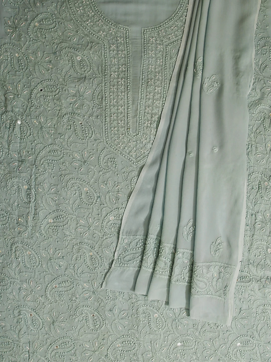 Ada Hand Embroidered Sea Sage Viscose Georgette Lucknowi Chikankari Unstitched Kurta Dupatta Set With Pearl Work 01A357961
