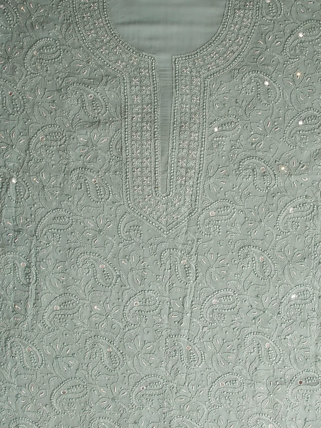 Ada Hand Embroidered Sea Sage Viscose Georgette Lucknowi Chikankari Unstitched Kurta Dupatta Set With Pearl Work 01A357961