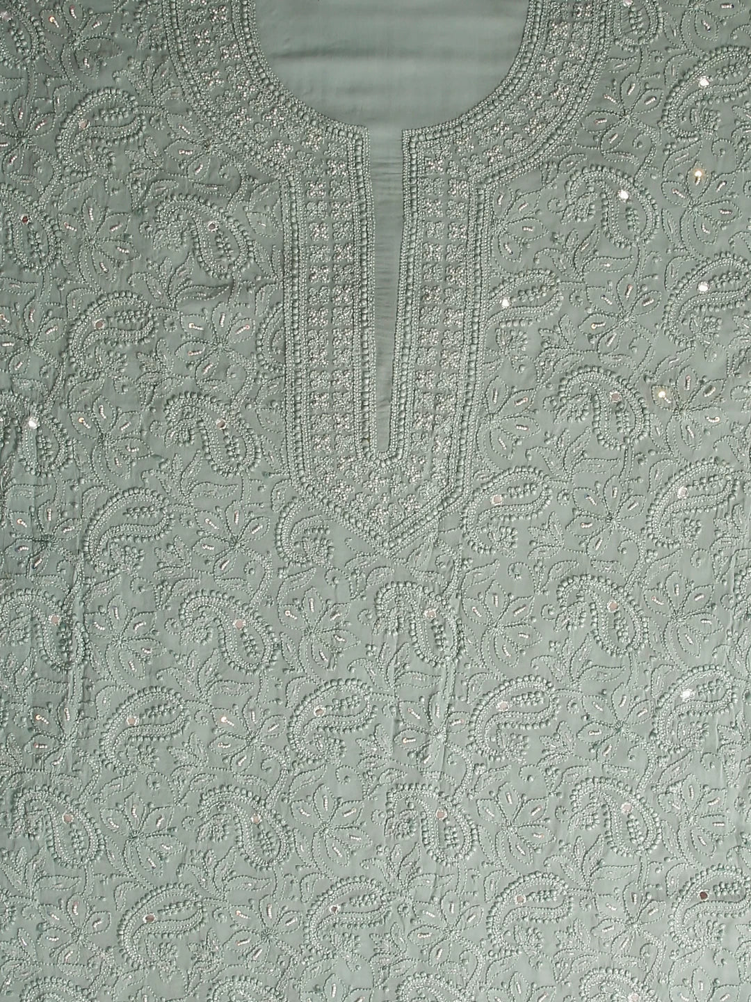 Ada Hand Embroidered Sea Sage Viscose Georgette Lucknowi Chikankari Unstitched Kurta Dupatta Set With Pearl Work 01A357961