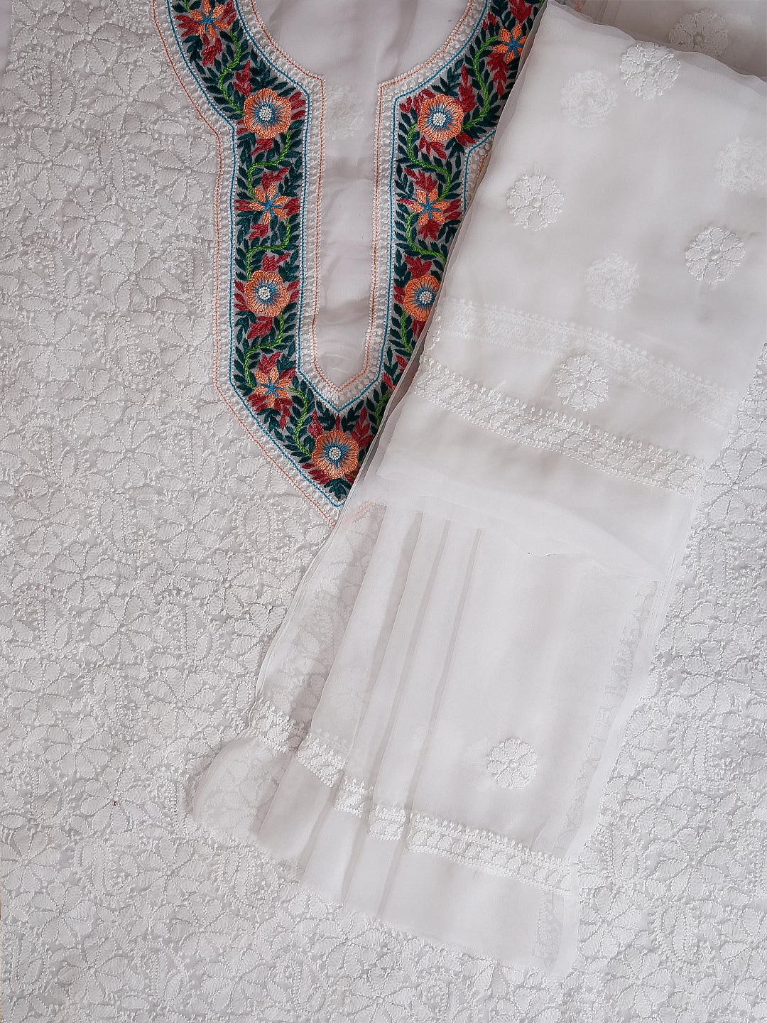 Ada Hand Embroidered White Georgette Lucknowi Chikankari Unstitched Suit Piece With Parsi Work A211301