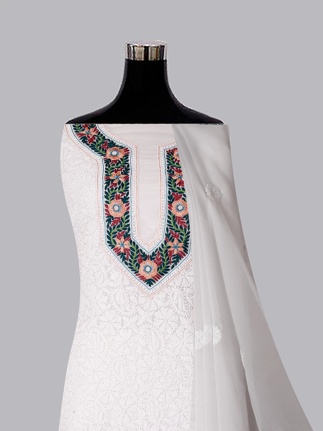 Ada Hand Embroidered White Georgette Lucknowi Chikankari Unstitched Suit Piece With Parsi Work A211301