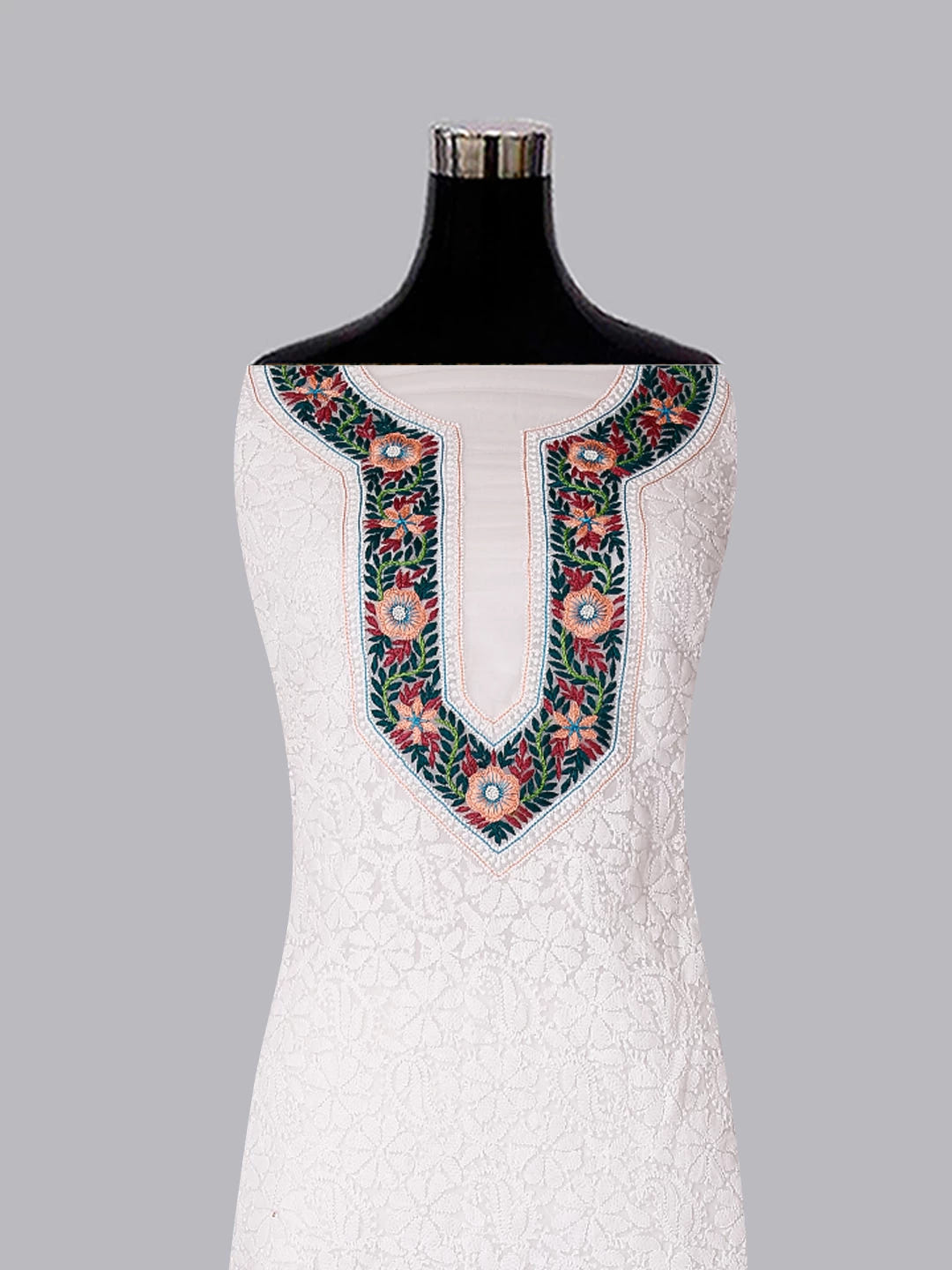 Ada Hand Embroidered White Georgette Lucknowi Chikankari Unstitched Suit Piece With Parsi Work A211301