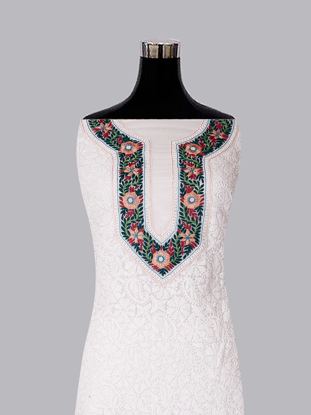 Ada Hand Embroidered White Georgette Lucknowi Chikankari Unstitched Suit Piece With Parsi Work A211301