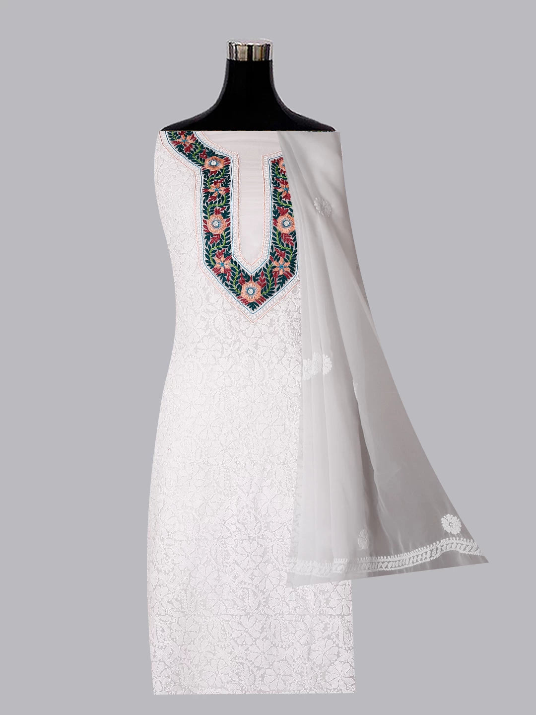 Ada Hand Embroidered White Georgette Lucknowi Chikankari Unstitched Suit Piece With Parsi Work A211301