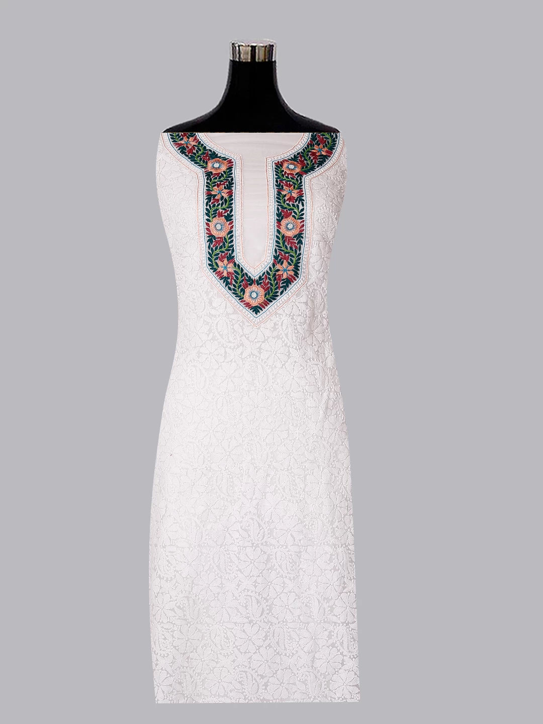 Ada Hand Embroidered White Georgette Lucknowi Chikankari Unstitched Suit Piece With Parsi Work A211301