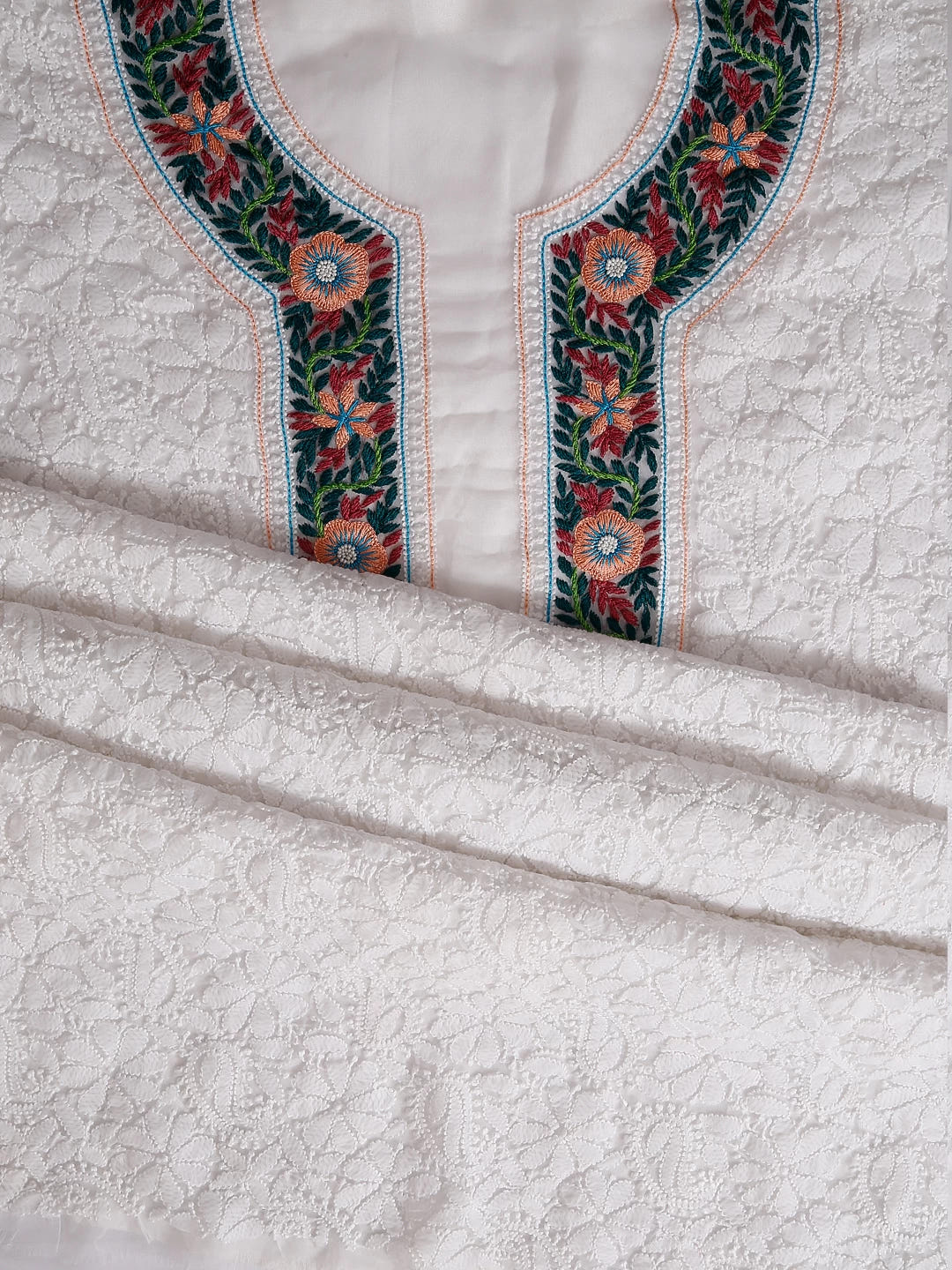 Ada Hand Embroidered White Georgette Lucknowi Chikankari Unstitched Suit Piece With Parsi Work A211301