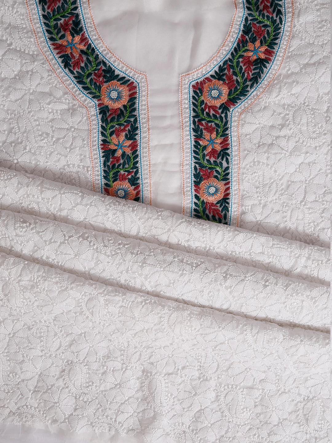 Ada Hand Embroidered White Georgette Lucknowi Chikankari Unstitched Suit Piece With Parsi Work A211301