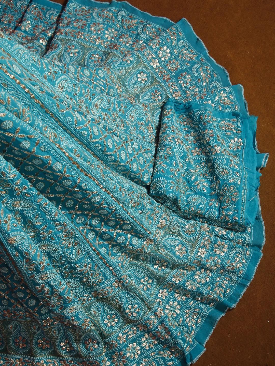 Ada Hand Embroidered Cyan Blue Pure Georgette Lucknowi Chikankari Lehenga Set With Gotapatti Work 01A403559