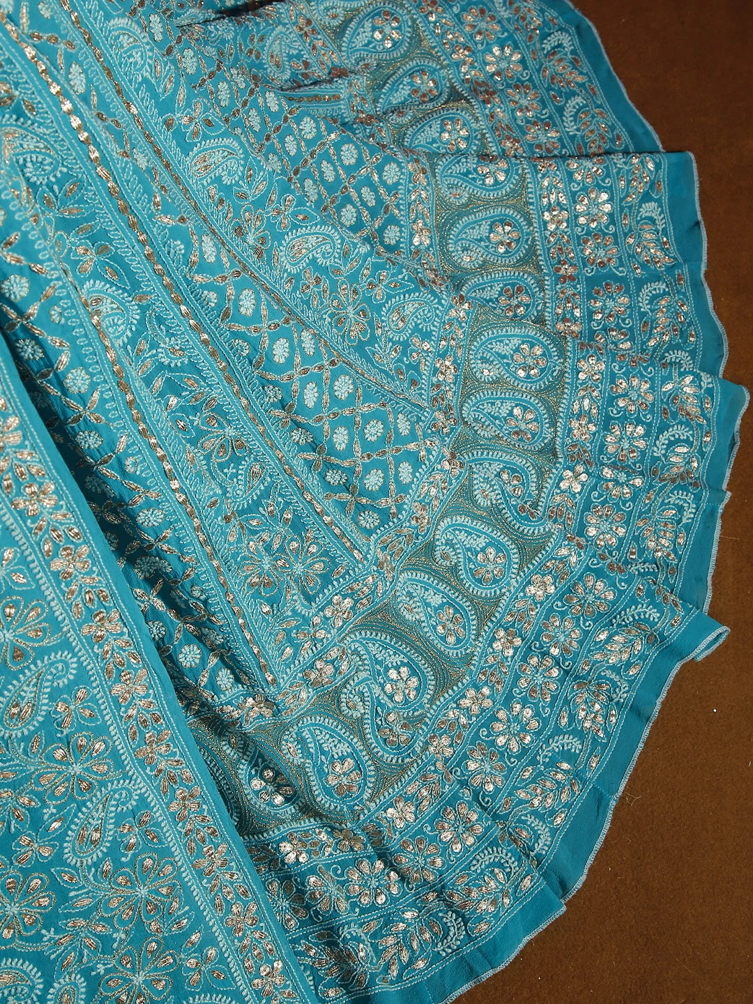 Ada Hand Embroidered Cyan Blue Pure Georgette Lucknowi Chikankari Lehenga Set With Gotapatti Work 01A403559