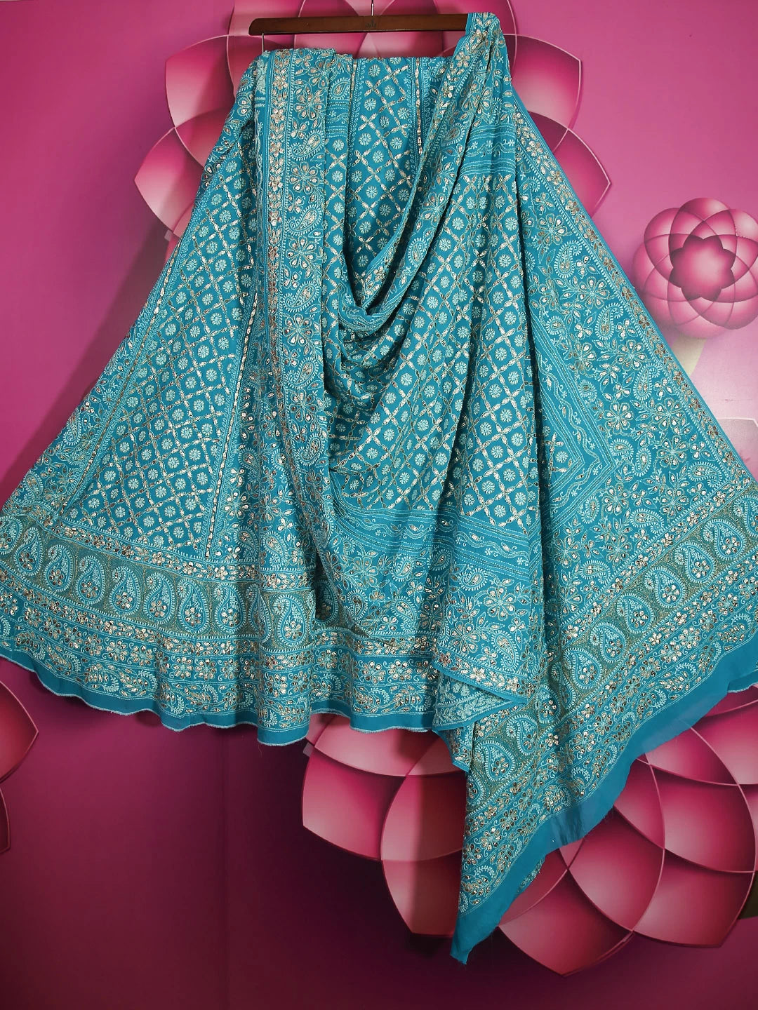 Ada Hand Embroidered Cyan Blue Pure Georgette Lucknowi Chikankari Lehenga Set With Gotapatti Work 01A403559