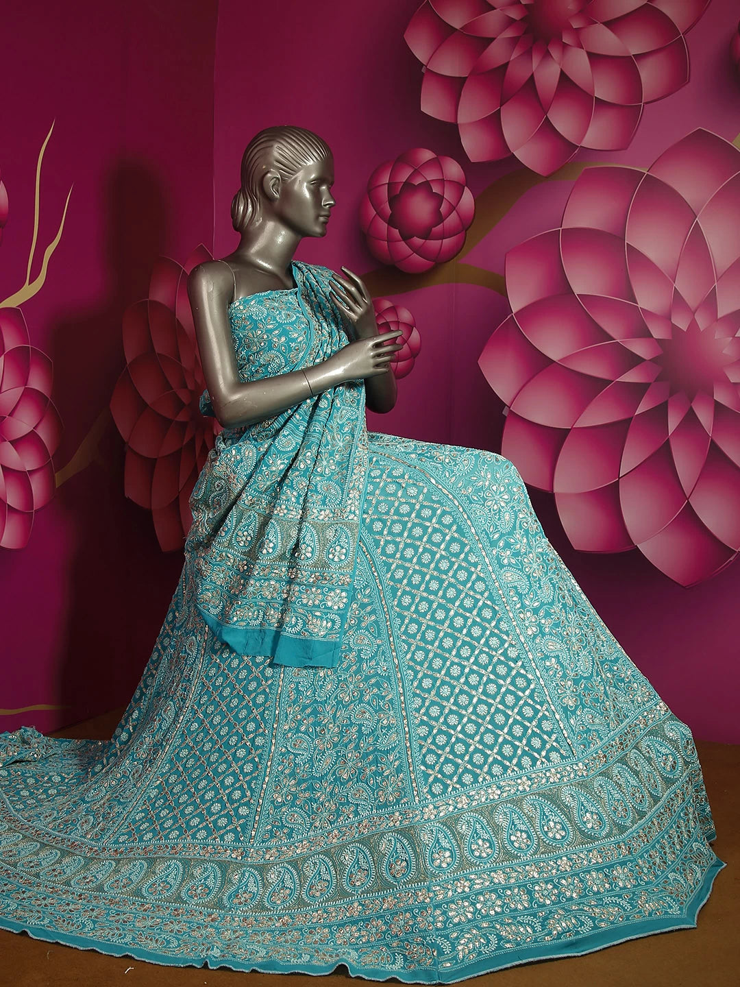 Ada Hand Embroidered Cyan Blue Pure Georgette Lucknowi Chikankari Lehenga Set With Gotapatti Work 01A403559