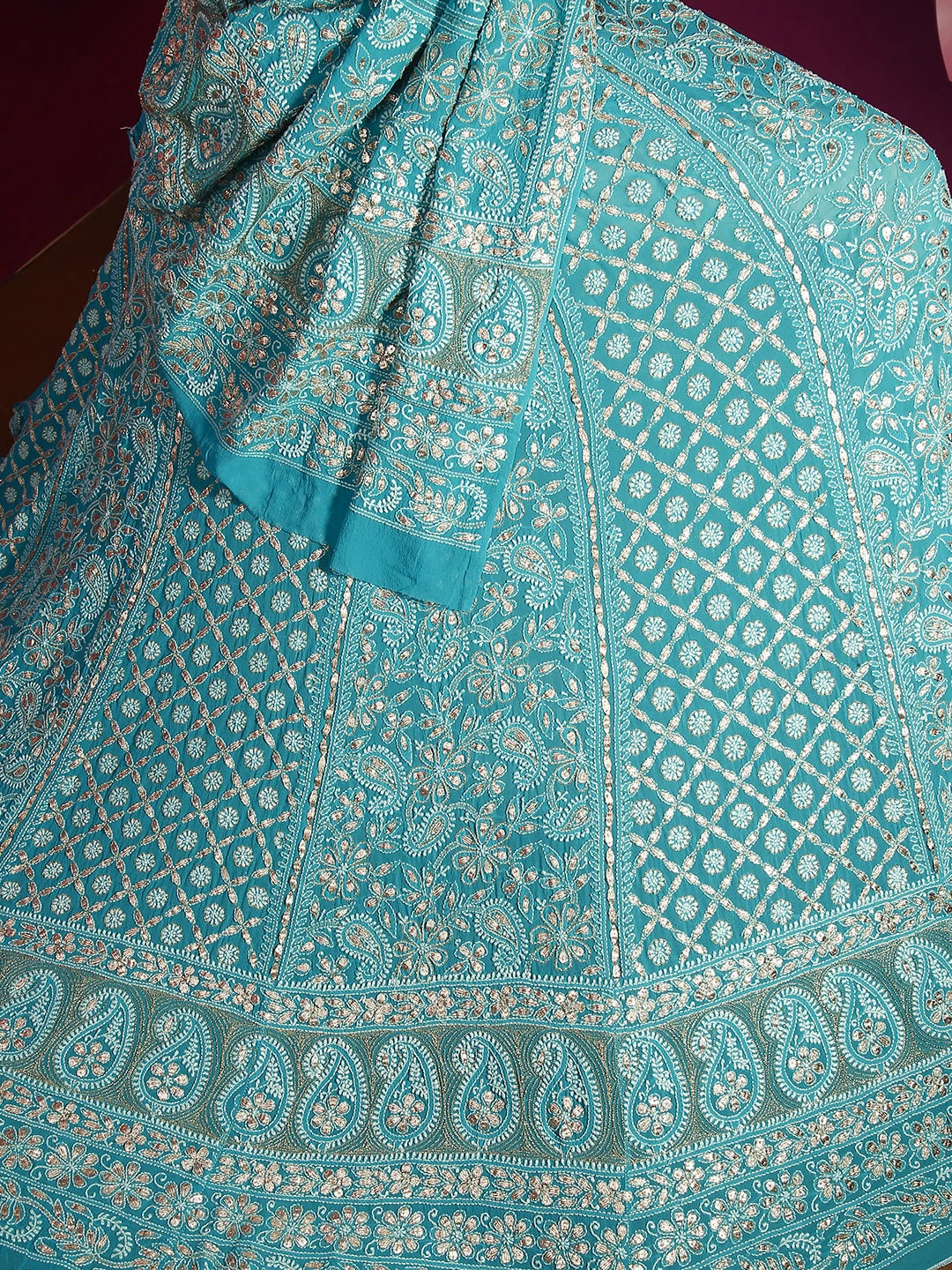 Ada Hand Embroidered Cyan Blue Pure Georgette Lucknowi Chikankari Lehenga Set With Gotapatti Work 01A403559