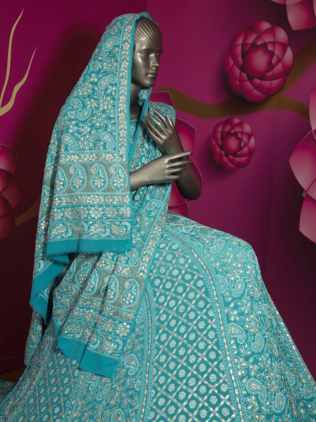 Ada Hand Embroidered Cyan Blue Pure Georgette Lucknowi Chikankari Lehenga Set With Gotapatti Work 01A403559