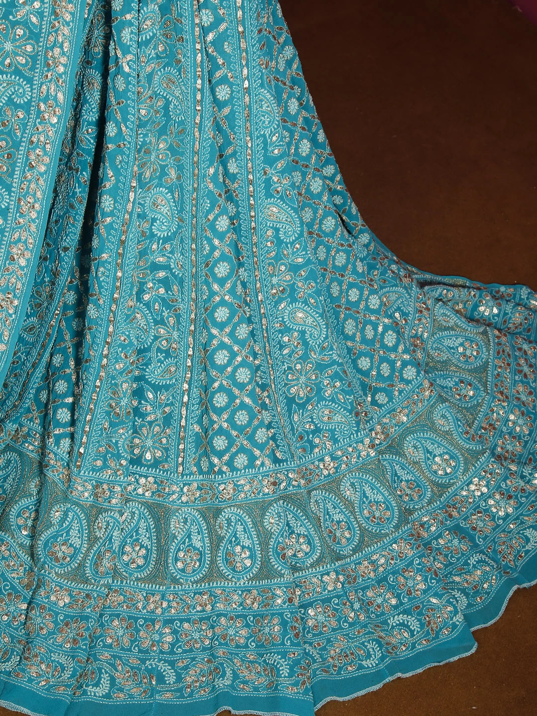 Ada Hand Embroidered Cyan Blue Pure Georgette Lucknowi Chikankari Lehenga Set With Gotapatti Work 01A403559