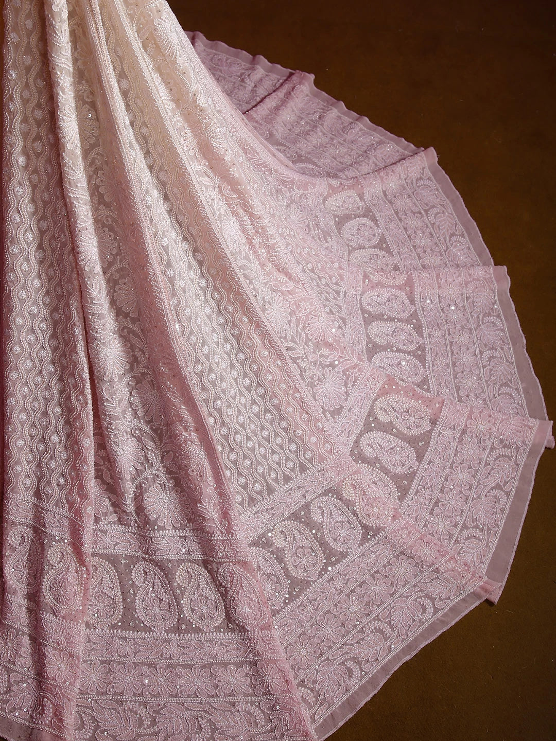 Ada Hand Embroidered Pink Ombre Shade Pure Georgette Lucknowi Chikankari Lehenga Skirt With Pearl Work 01A288281