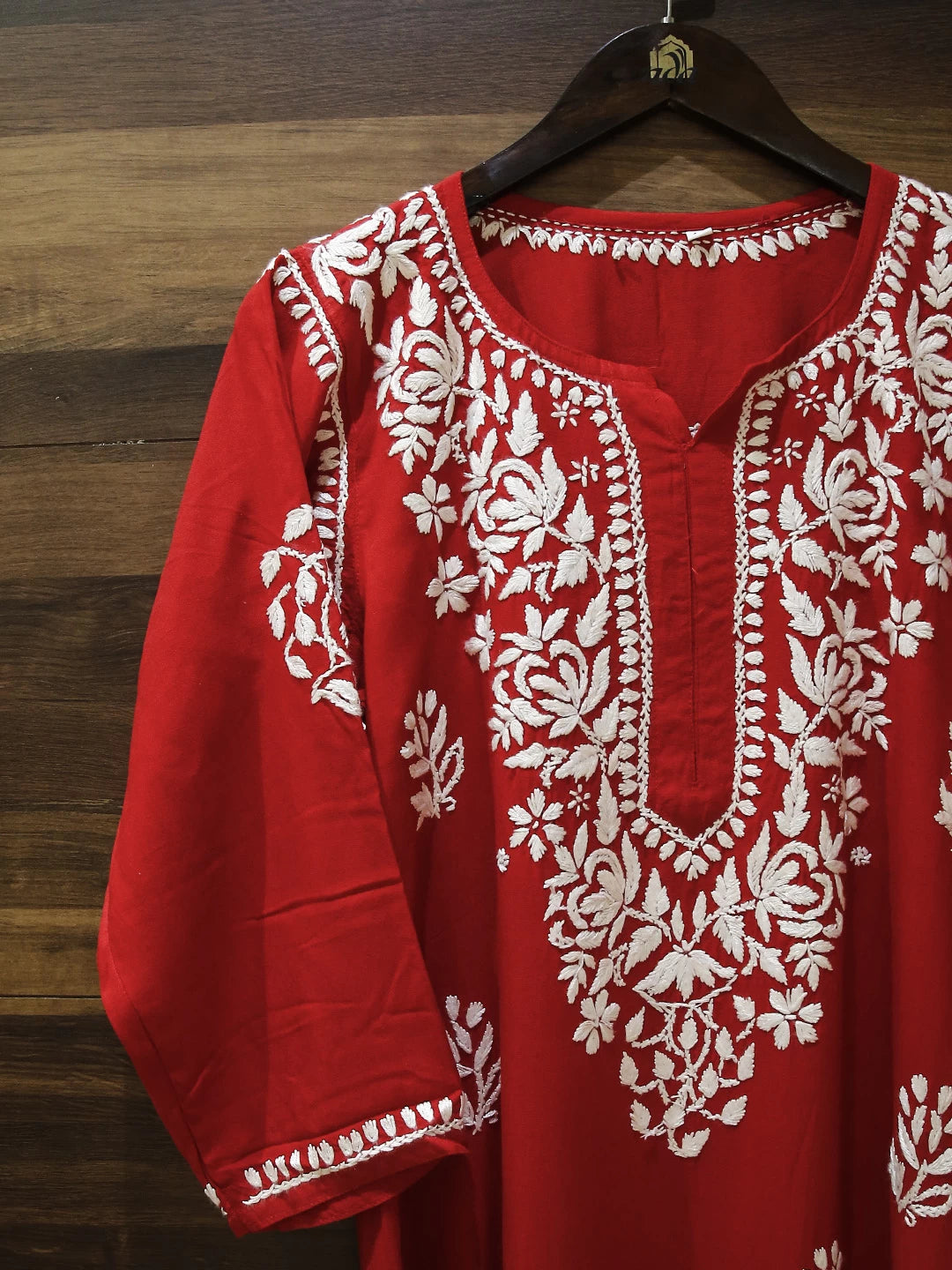 Ada Hand Embroidered Scarlet Red Rayon Lucknowi Chikankari Straight Kurta A411518