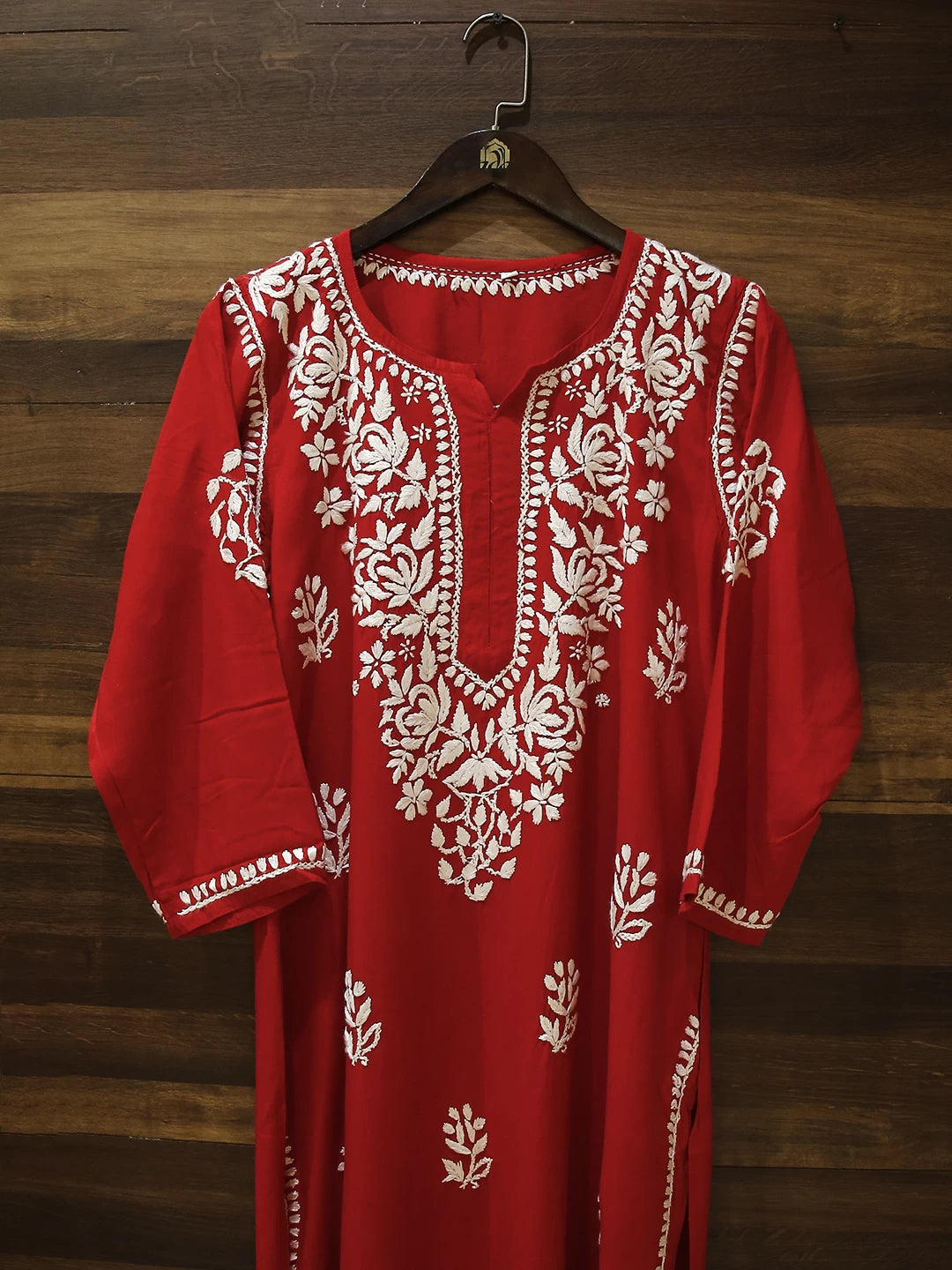 Ada Hand Embroidered Scarlet Red Rayon Lucknowi Chikankari Straight Kurta A411518