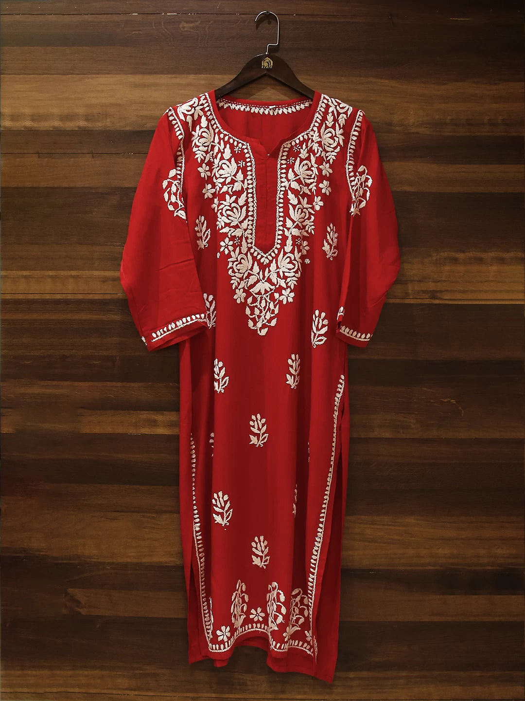 Ada Hand Embroidered Scarlet Red Rayon Lucknowi Chikankari Straight Kurta A411518