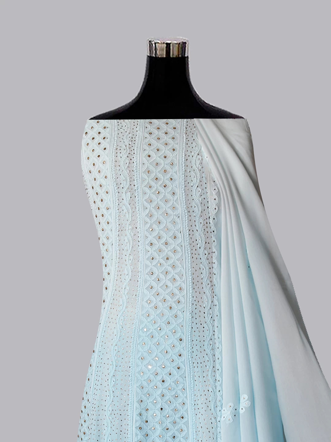 Ada Hand Embroidered Ombre Shade Of Blue Georgette Lucknowi Chikankari Semi-Stitched Anarkali Kurta Dupatta Set With Mukaish Work 01A399092