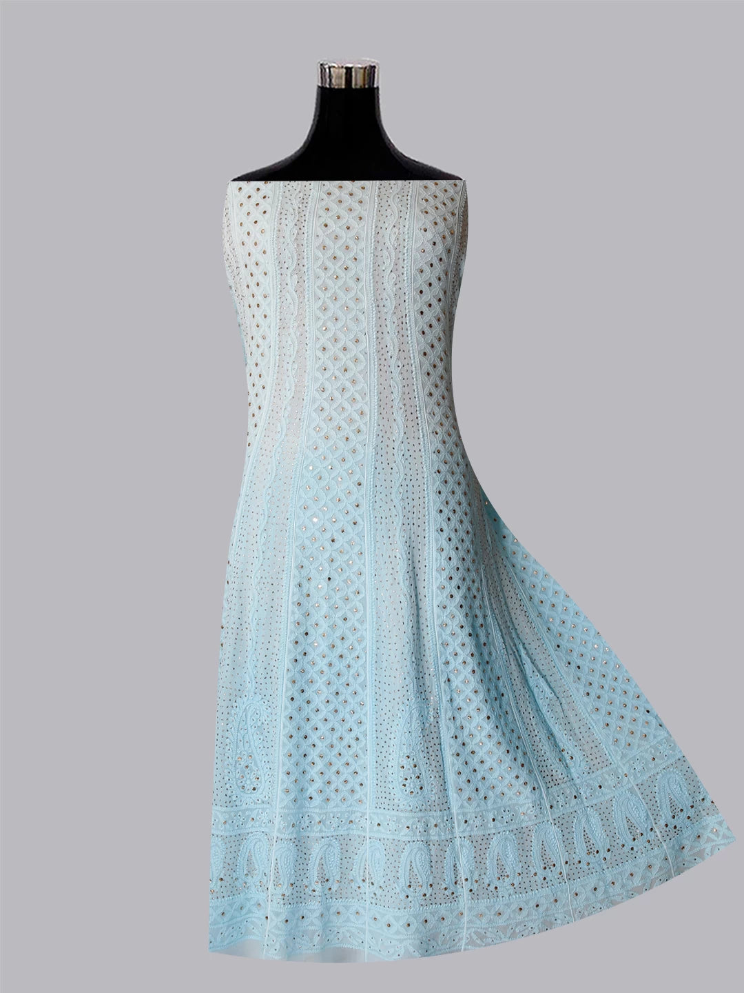 Ada Hand Embroidered Ombre Shade Of Blue Georgette Lucknowi Chikankari Semi-Stitched Anarkali Kurta Dupatta Set With Mukaish Work 01A399092