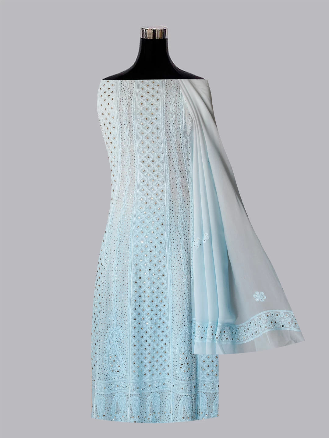 Ada Hand Embroidered Ombre Shade Of Blue Georgette Lucknowi Chikankari Semi-Stitched Anarkali Kurta Dupatta Set With Mukaish Work 01A399092