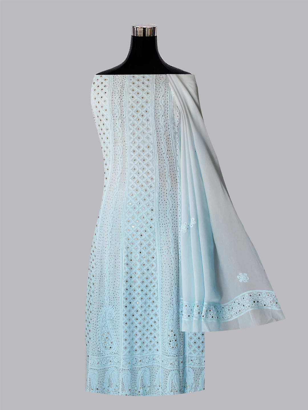 Ada Hand Embroidered Ombre Shade Of Blue Georgette Lucknowi Chikankari Semi-Stitched Anarkali Kurta Dupatta Set With Mukaish Work 01A399092