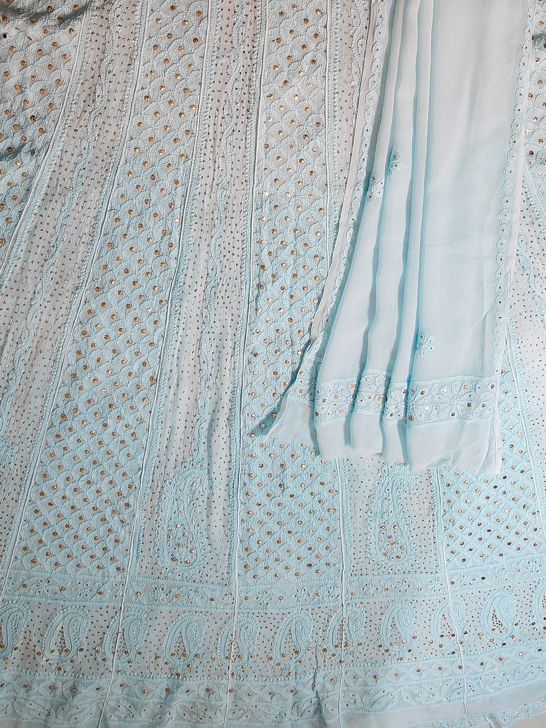 Ada Hand Embroidered Ombre Shade Of Blue Georgette Lucknowi Chikankari Semi-Stitched Anarkali Kurta Dupatta Set With Mukaish Work 01A399092