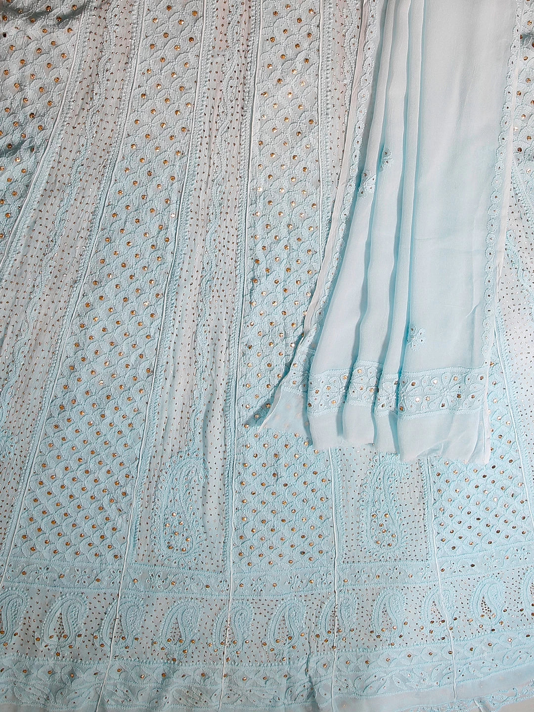 Ada Hand Embroidered Ombre Shade Of Blue Georgette Lucknowi Chikankari Semi-Stitched Anarkali Kurta Dupatta Set With Mukaish Work 01A399092