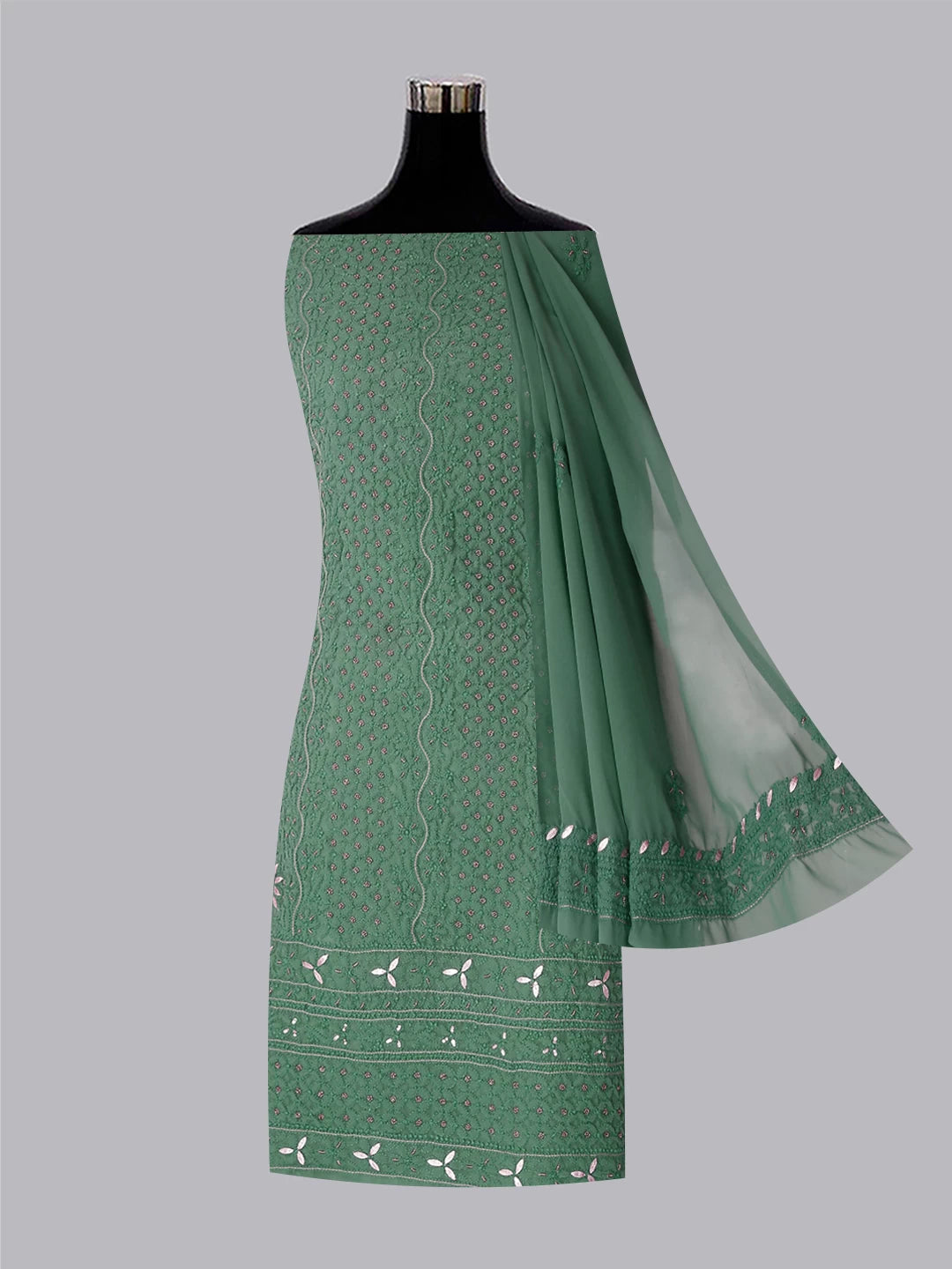 Ada Hand Embroidered Dark Pine Green Georgette Lucknowi Chikankari Unstitched Suit Piece With Gotapatti 01A391206