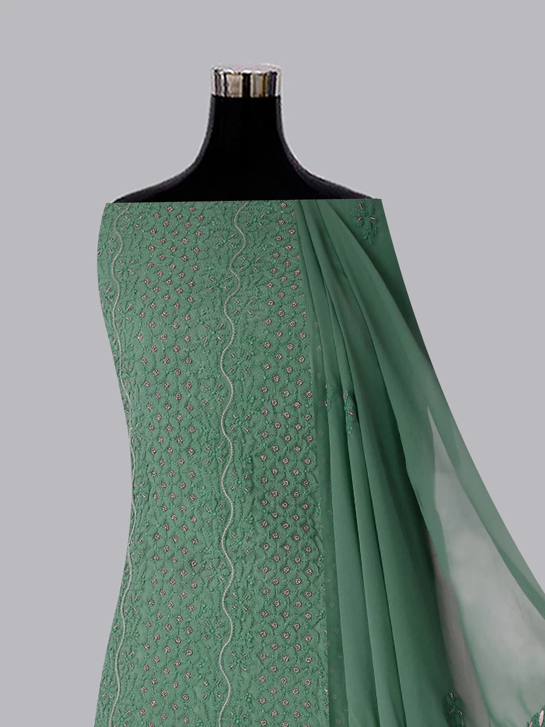 Ada Hand Embroidered Dark Pine Green Georgette Lucknowi Chikankari Unstitched Suit Piece With Gotapatti 01A391206