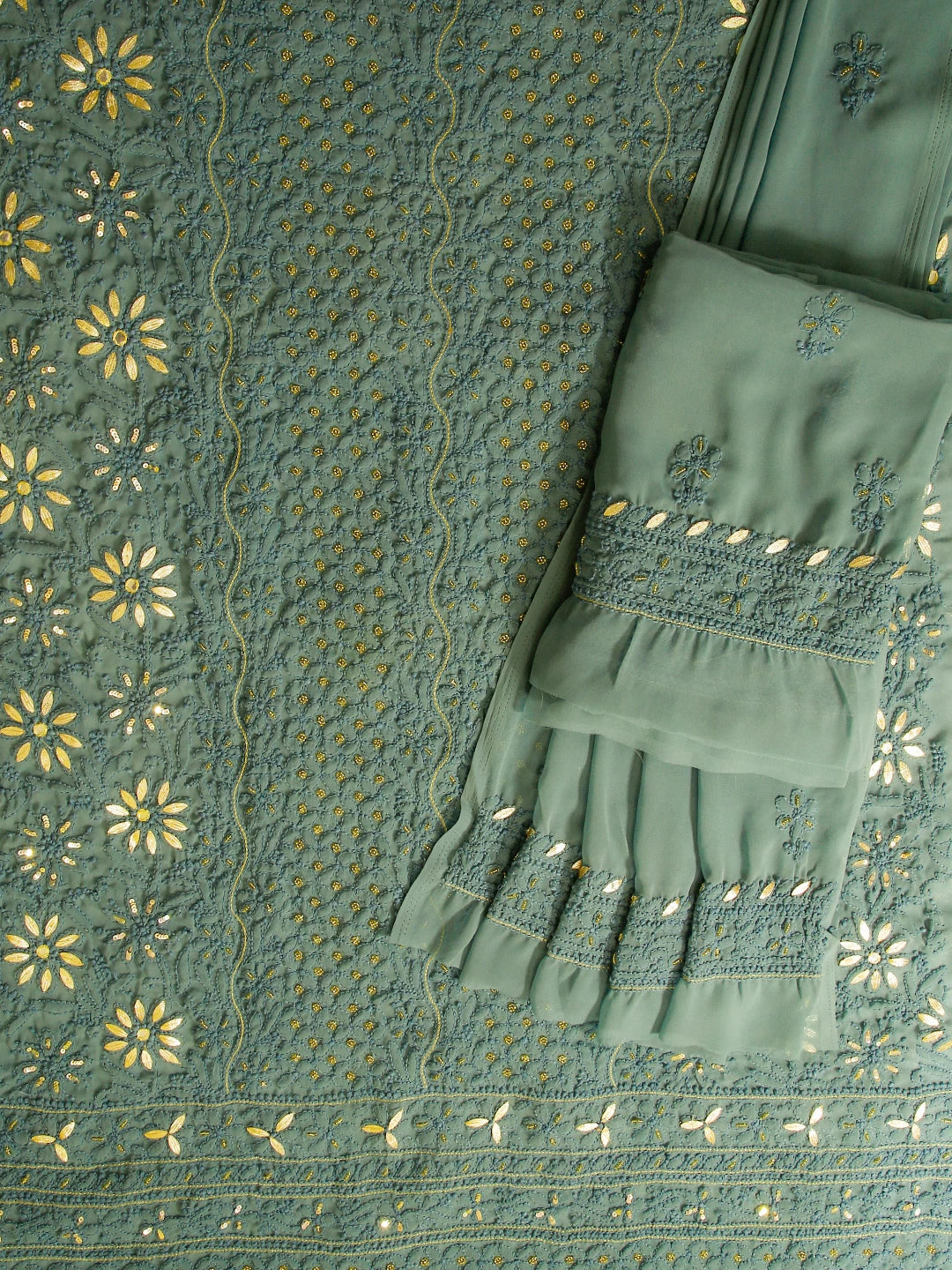 Ada Hand Embroidered Dark Pine Green Georgette Lucknowi Chikankari Unstitched Suit Piece With Gotapatti 01A391206