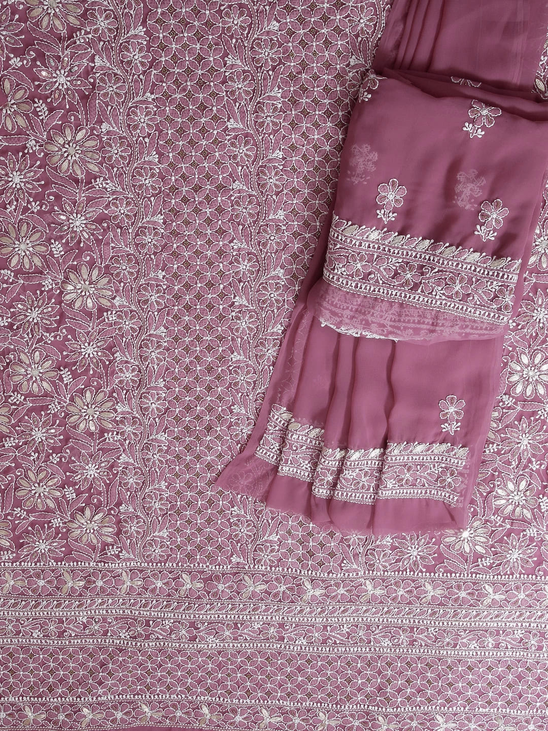 Ada Hand Embroidered Mauve Georgette Lucknowi Chikankari Unstitched Suit Piece With Gotapatti Work 01A391198