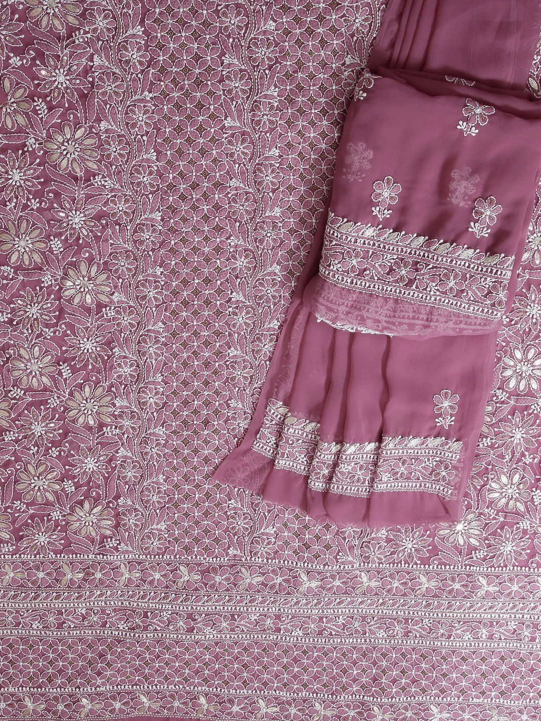 Ada Hand Embroidered Mauve Georgette Lucknowi Chikankari Unstitched Suit Piece With Gotapatti Work 01A391198