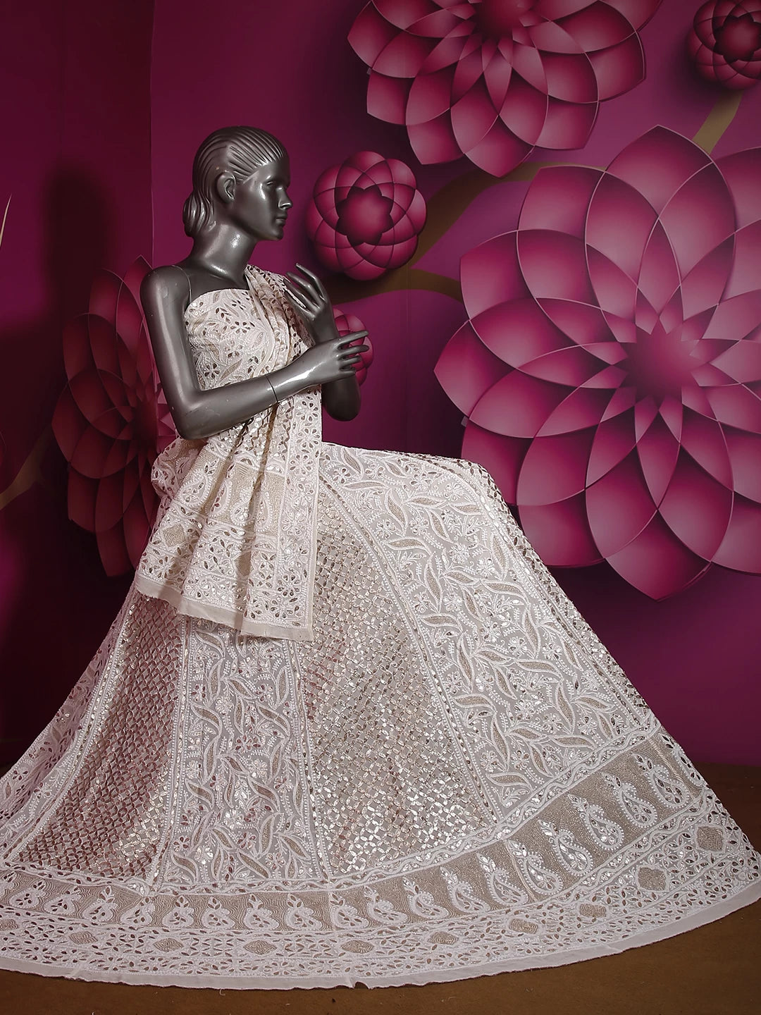 Ada Hand Embroidered Off White Pure Georgette Lucknowi Chikankari Lehenga Set With Gota Patti Work 01A204826