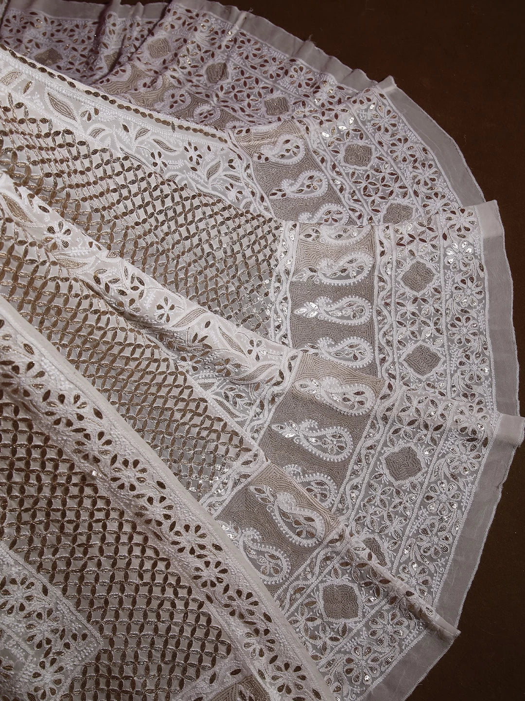 Ada Hand Embroidered Off White Pure Georgette Lucknowi Chikankari Lehenga Set With Gota Patti Work 01A204826
