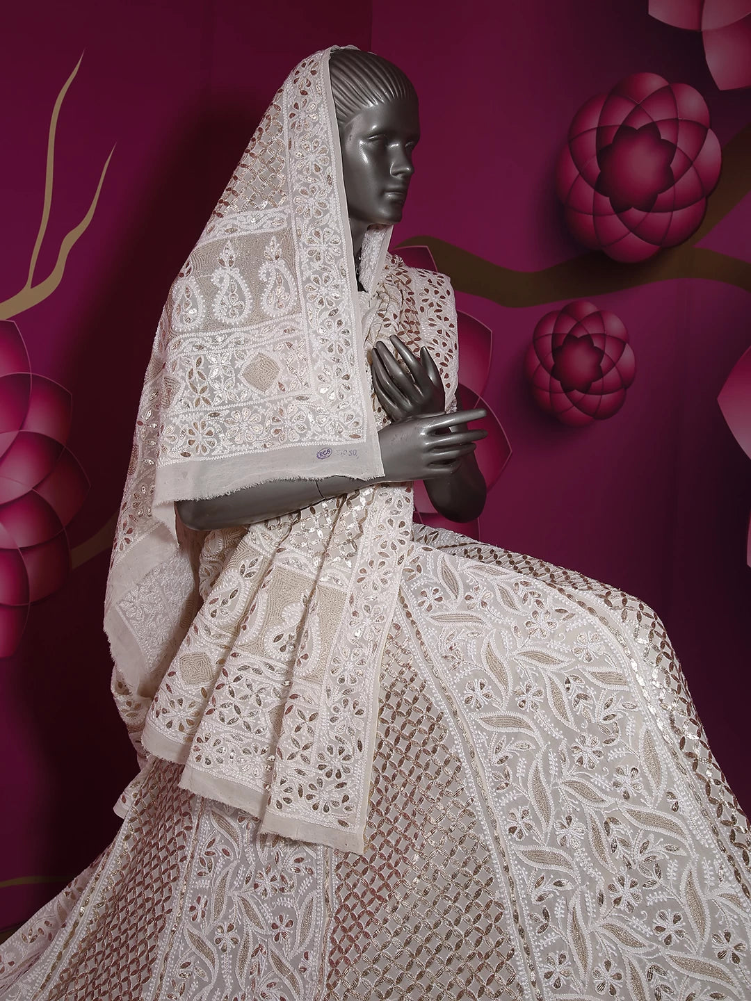 Ada Hand Embroidered Off White Pure Georgette Lucknowi Chikankari Lehenga Set With Gota Patti Work 01A204826