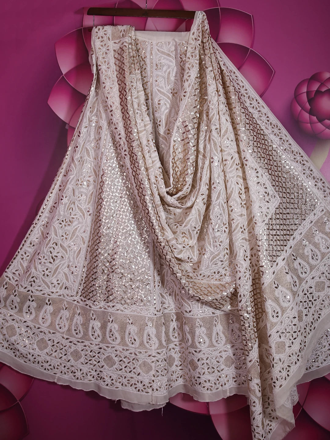 Ada Hand Embroidered Off White Pure Georgette Lucknowi Chikankari Lehenga Set With Gota Patti Work 01A204826