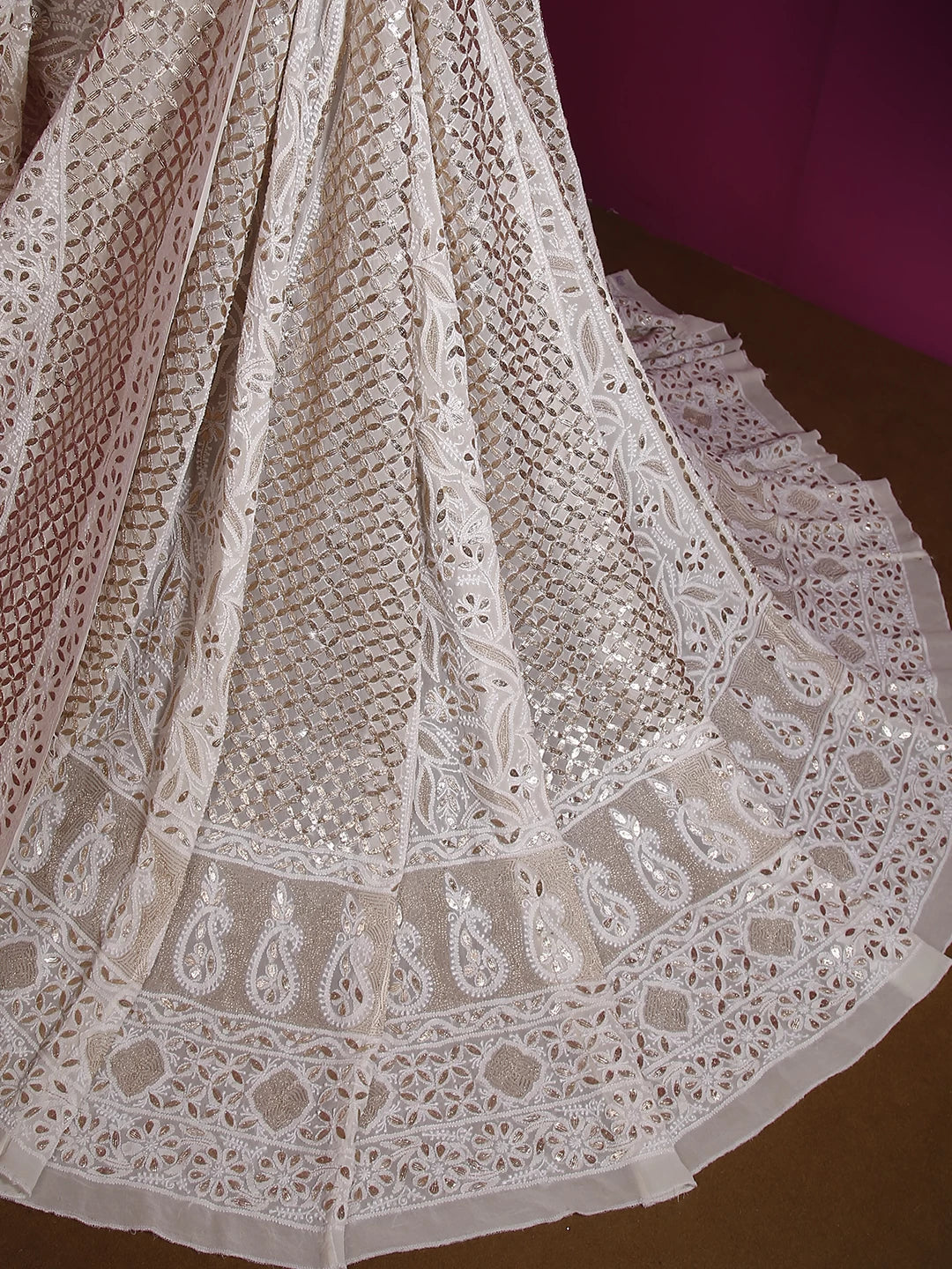 Ada Hand Embroidered Off White Pure Georgette Lucknowi Chikankari Lehenga Set With Gota Patti Work 01A204826