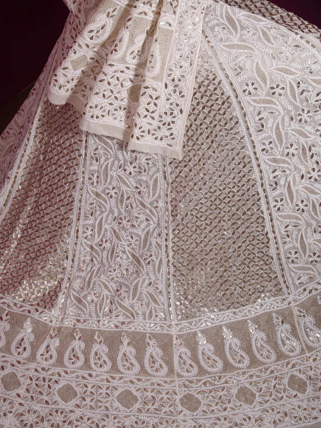 Ada Hand Embroidered Off White Pure Georgette Lucknowi Chikankari Lehenga Set With Gota Patti Work 01A204826