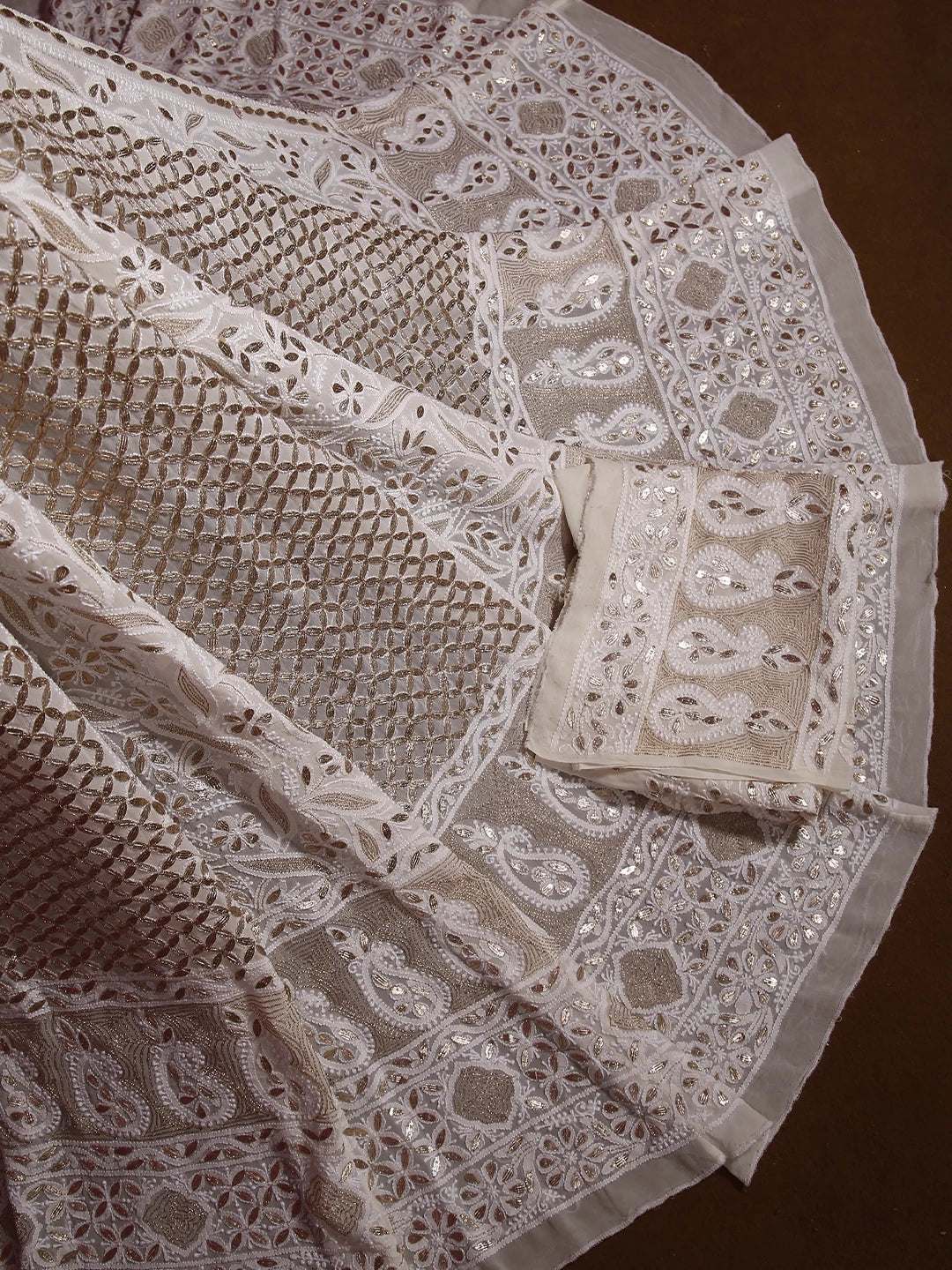 Ada Hand Embroidered Off White Pure Georgette Lucknowi Chikankari Lehenga Set With Gota Patti Work 01A204826
