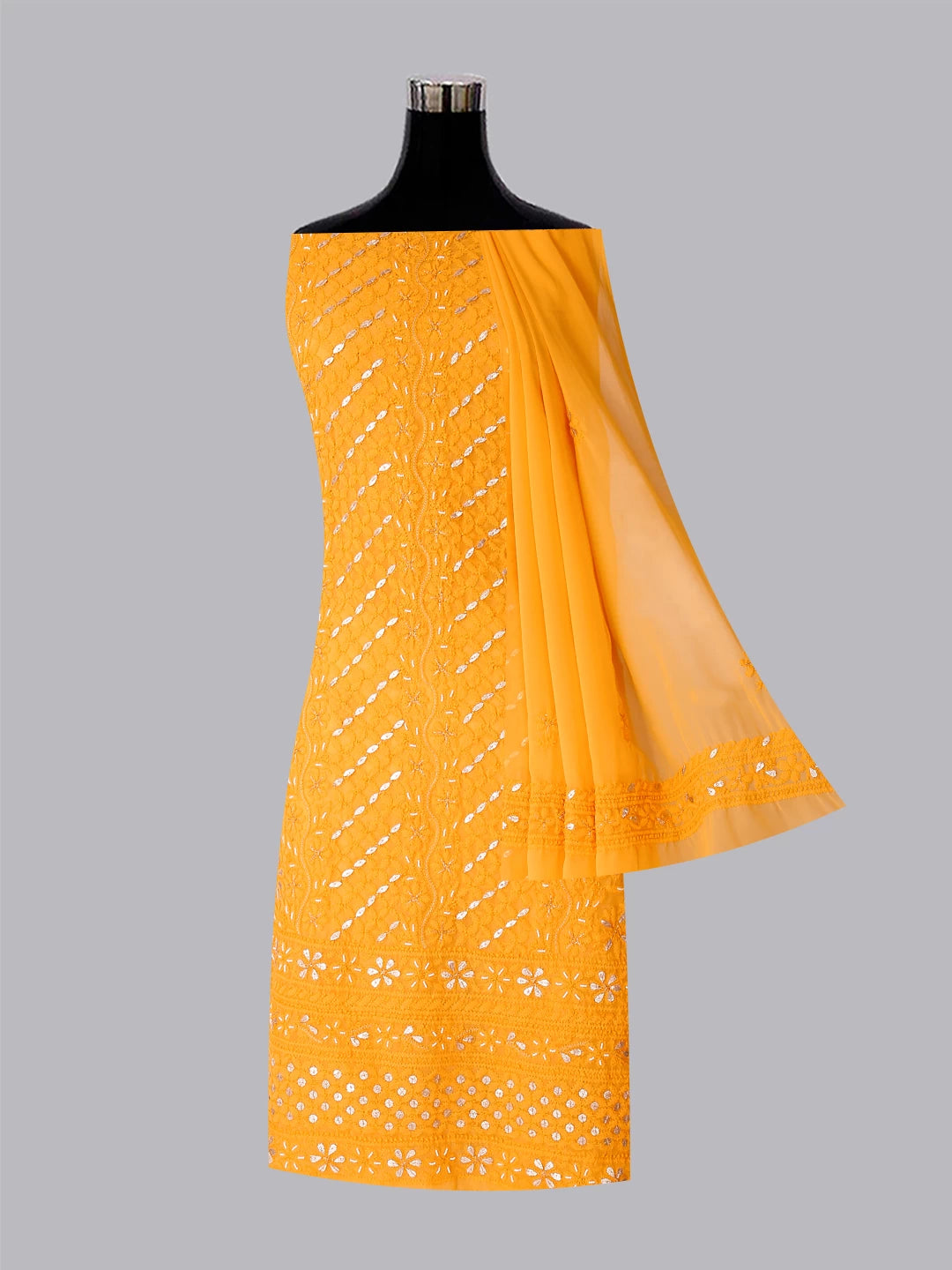 Ada Hand Embroidered Yellow Georgette Lucknowi Chikankari Unstitched Suit Piece With Gotapatti Work 01A409099